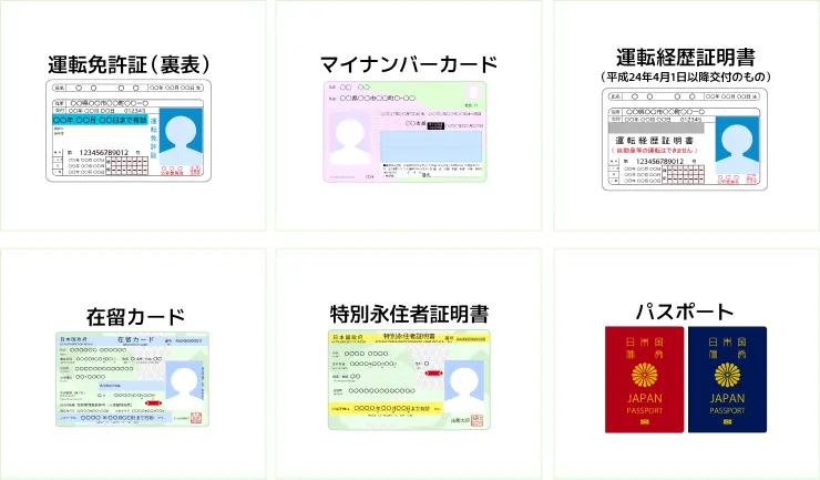 本人確認書類：下記の書類のいずれかをご用意下さい